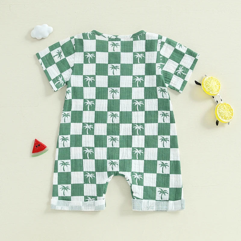 Lioraitiin Newborn Baby Boy Romper Short Sleeve Round Neck Checkered