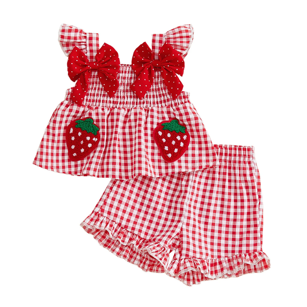 Lioraitiin Toddler Baby Girl Outfit Strawberry Embroidered Plaid Bows