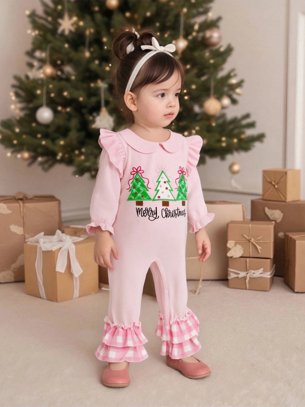 Lioraitiin Baby Girl Christmas Romper Long Sleeve Doll Collar