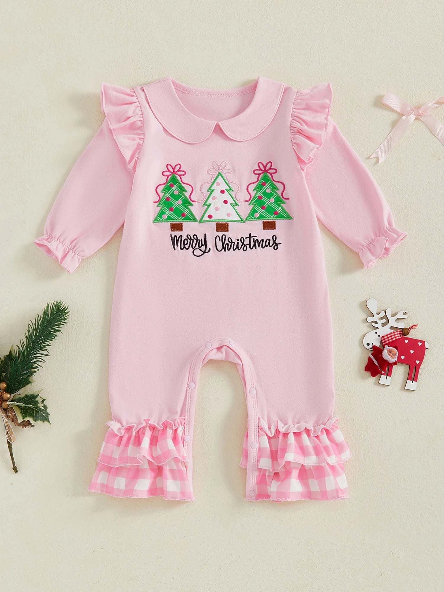 Lioraitiin Baby Girl Christmas Romper Long Sleeve Doll Collar