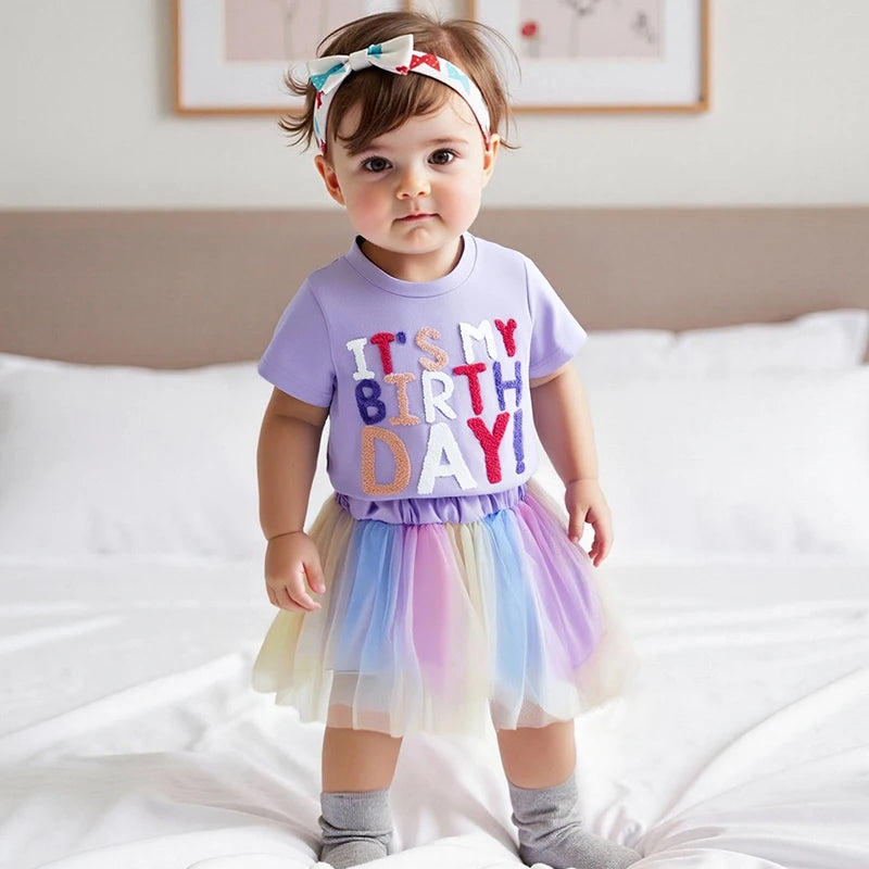 Toddler Girl Birthday Outfit Letter Embroidery Short Sleeve Crew Neck