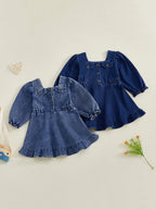 Lioraitiin Toddler Baby Girl Denim Dress Long Puff Sleeve Button Down