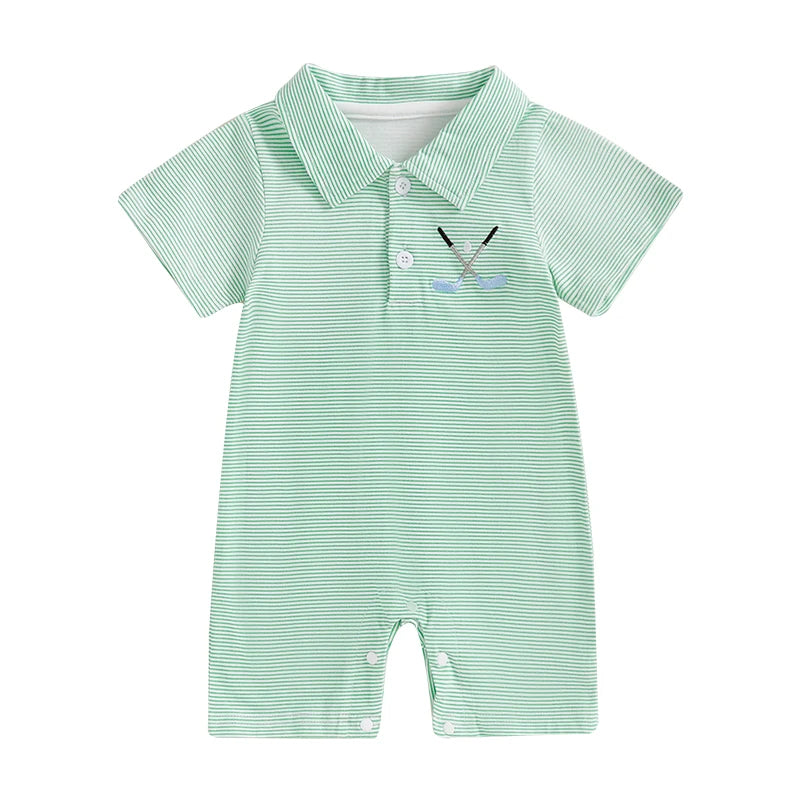 Lioraitiin Baby Boys Striped Jumpsuit Short Sleeve Turn Down Collar