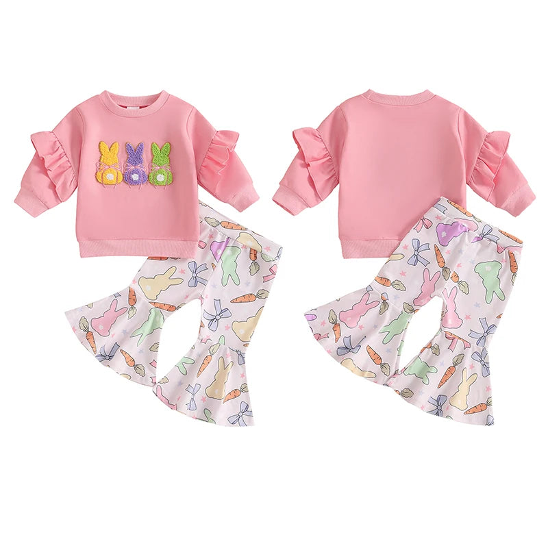 Lioraitiin Toddler Girl Easter Outfit Bunny Embroidery Long Sleeve
