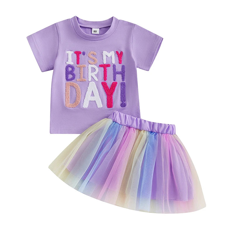 Toddler Girl Birthday Outfit Letter Embroidery Short Sleeve Crew Neck