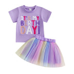 Toddler Girl Birthday Outfit Letter Embroidery Short Sleeve Crew Neck