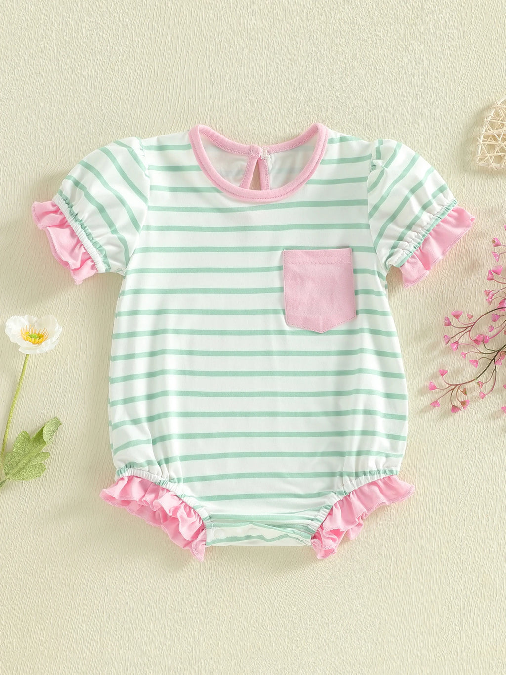 Lioraitiin Baby Girl Striped Romper Ruffle Trim Short Sleeve Crewneck