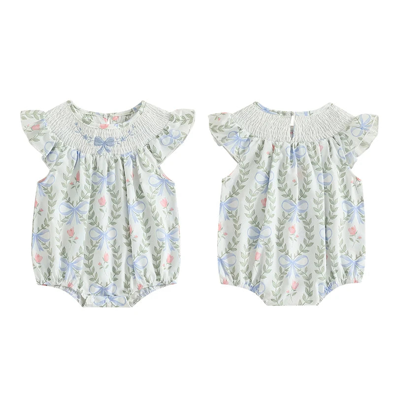 Lioraitiin Baby Girls Romper Fly Sleeve Crew Neck Bow Leaves Print