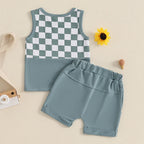 Lioraitiin Toddler Boys Outfits Checkerboard Patchwork Round Neck