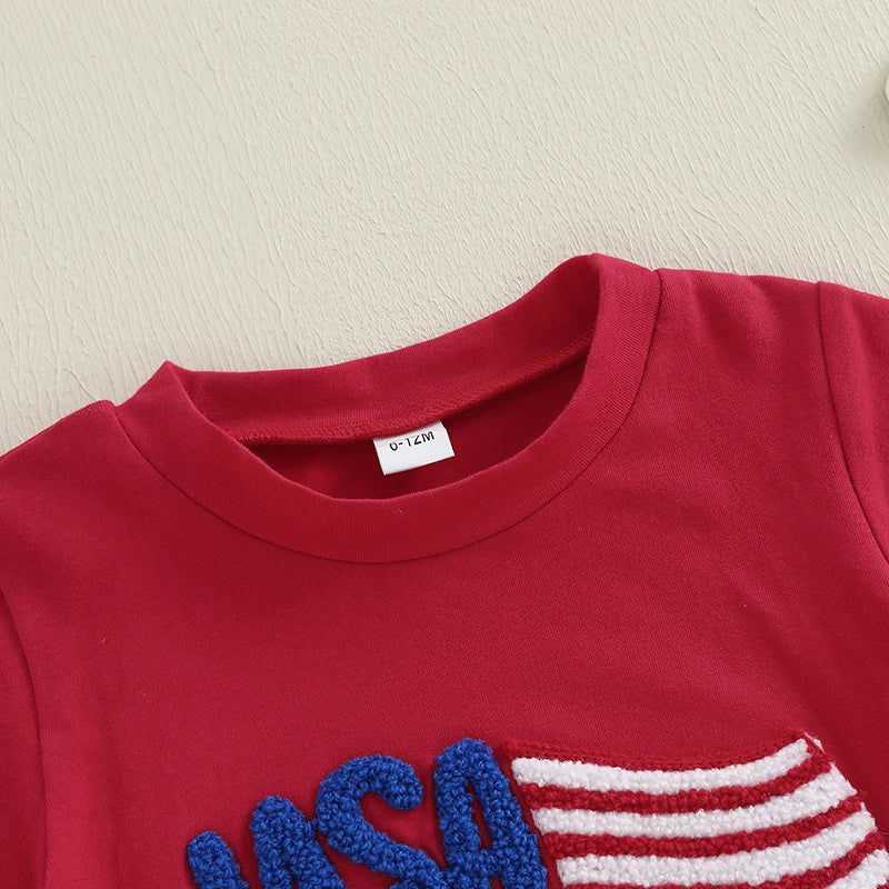 Lioraitiin Baby Boys Patriotic Outfits Flag Embroidery Short Sleeves