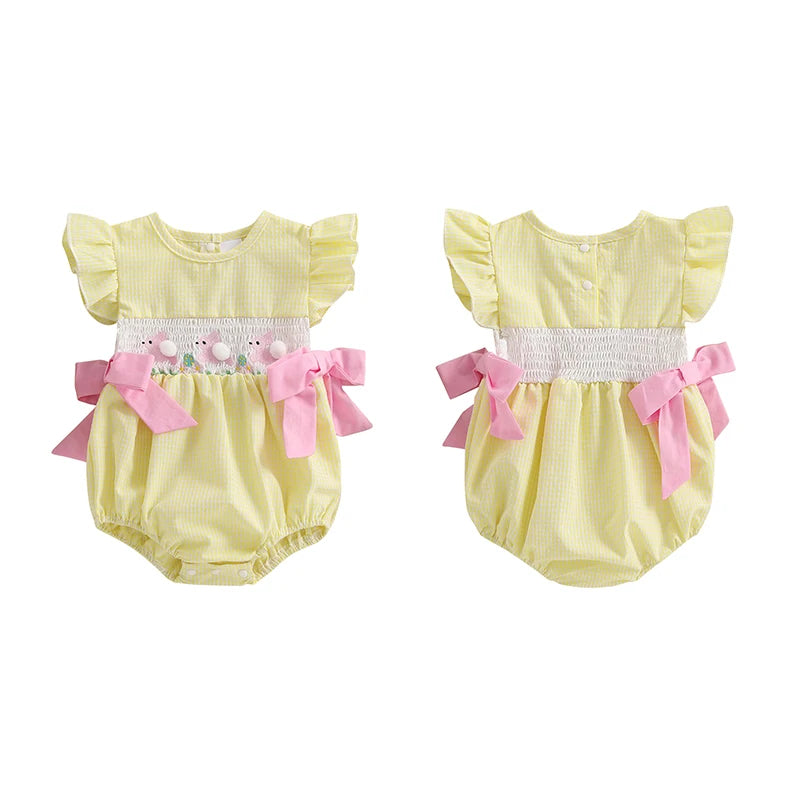 Lioraitiin Baby Girls Rompers Easter Rabbit Embroidery Plaid Fly