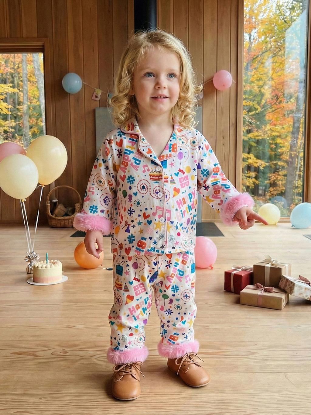 Toddler Girls Birthday Pajamas Set Long Sleeve Cartoon Print Fur