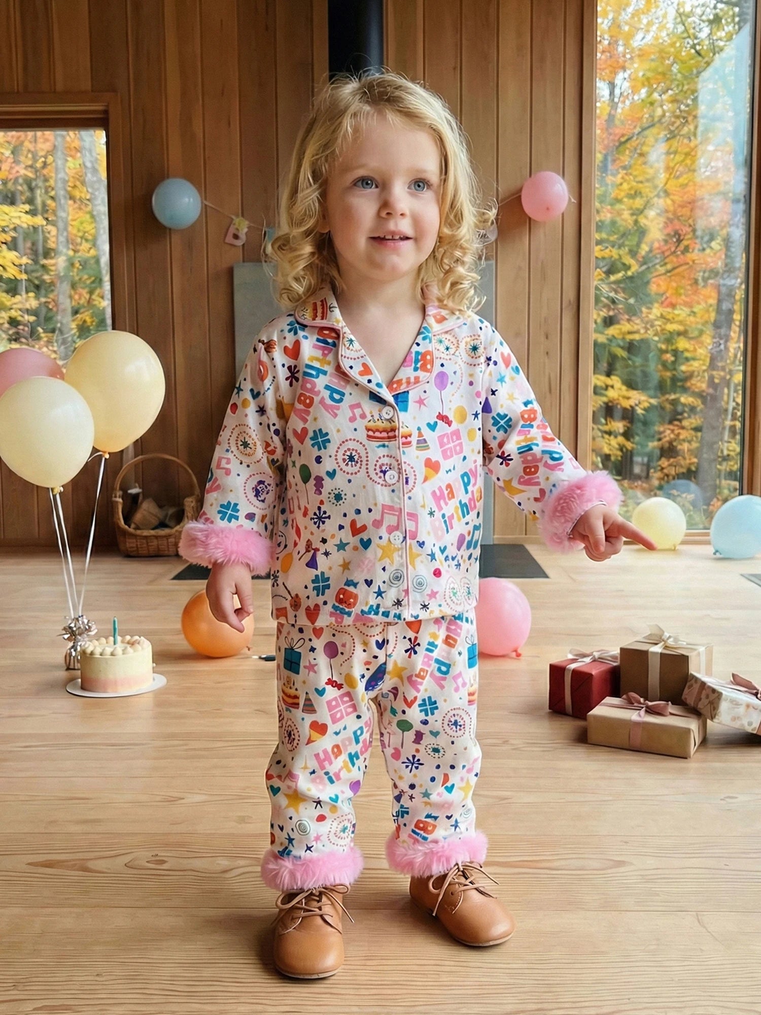 Toddler Girls Birthday Pajamas Set Long Sleeve Cartoon Print Fur