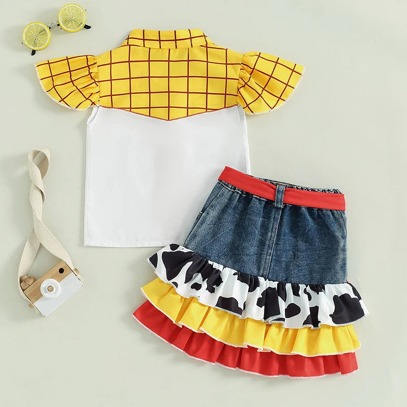 Lioraitiin Girls Outfits Plaid Print Fly Sleeve Shirts Cow Pattern