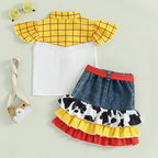 Lioraitiin Girls Outfits Plaid Print Fly Sleeve Shirts Cow Pattern