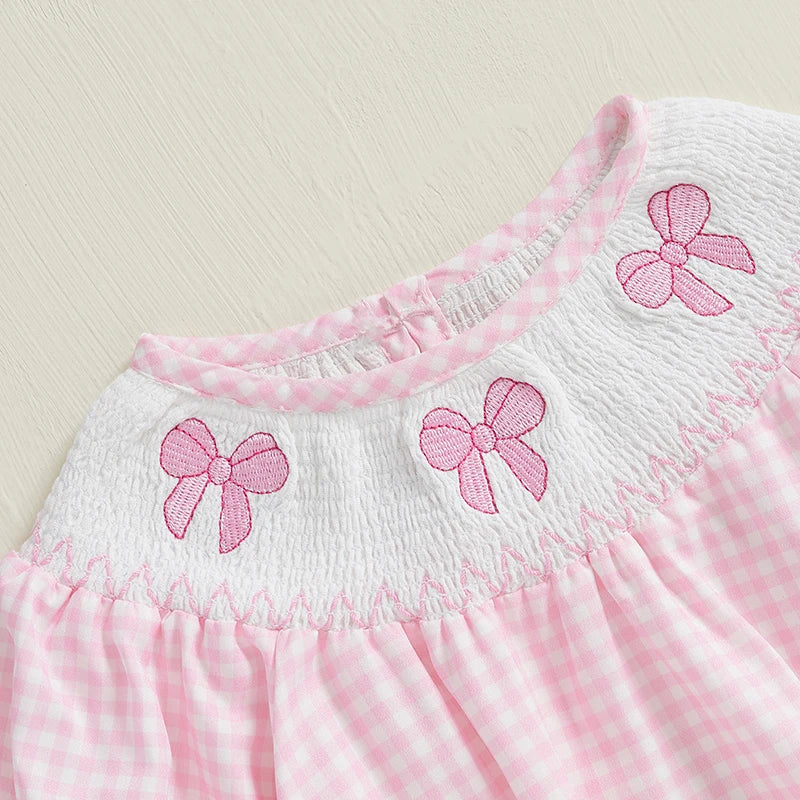 Newborn Baby Girls Cute Romper Bow Embroidery Plaid Long Sleeve