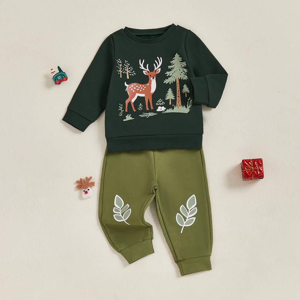 Lioraitiin Toddler Boy Christmas Reindeer Tree Print Long Sleeve