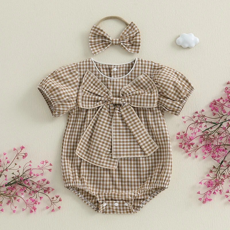 Lioraitiin Baby Girls Sweet Romper Short Sleeve Round Neck Plaid