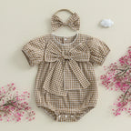 Lioraitiin Baby Girls Sweet Romper Short Sleeve Round Neck Plaid
