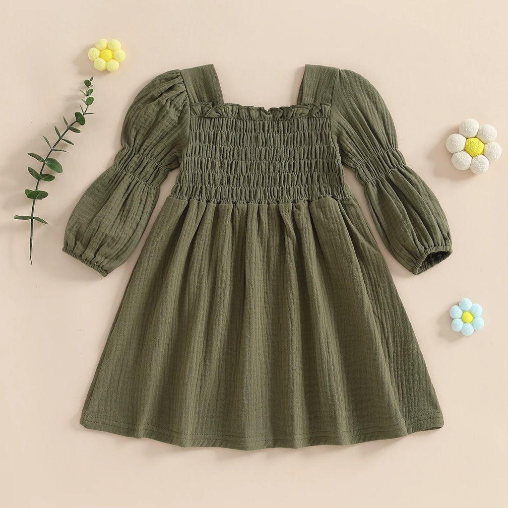 Lioraitiin Toddler Girl Bubble Sleeve Dress Stylish Solid Smocked
