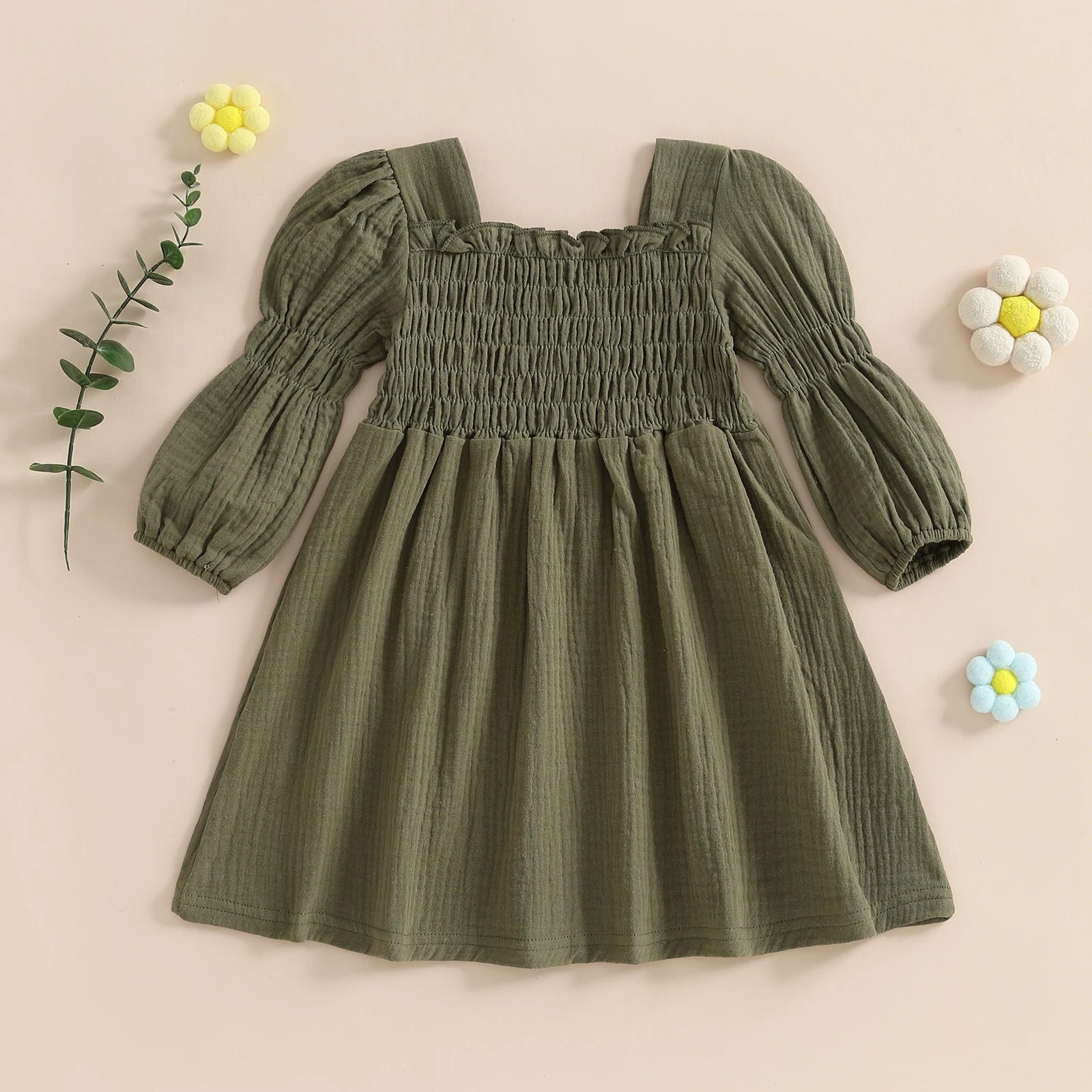 Lioraitiin Toddler Girl Bubble Sleeve Dress Stylish Solid Smocked