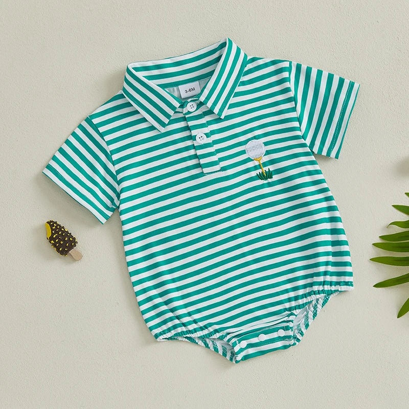 Lioraitiin Baby Boy Romper Short Sleeve Lapel Collar Stripes Print