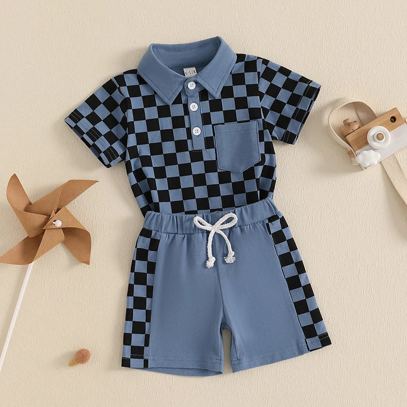 Lioraitiin Toddler Boys Shorts Sets Short Sleeve Lapel Checkerboard