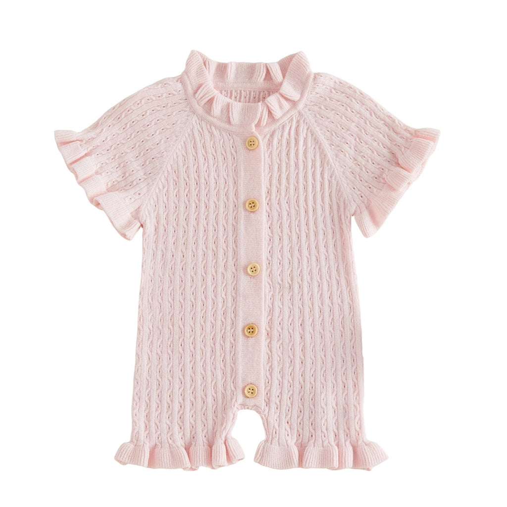 Lioraitiin Newborn Baby Girl Knit Romper Ruffle Trim Short Sleeve