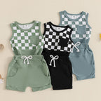 Lioraitiin Toddler Boys Outfits Checkerboard Patchwork Round Neck