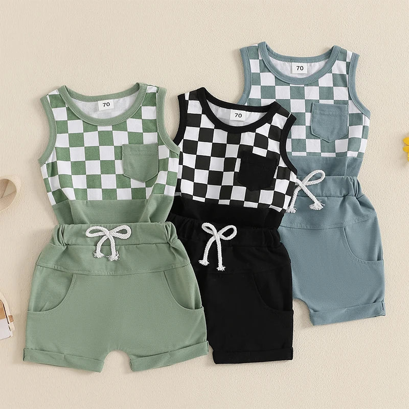 Lioraitiin Toddler Boys Outfits Checkerboard Patchwork Round Neck