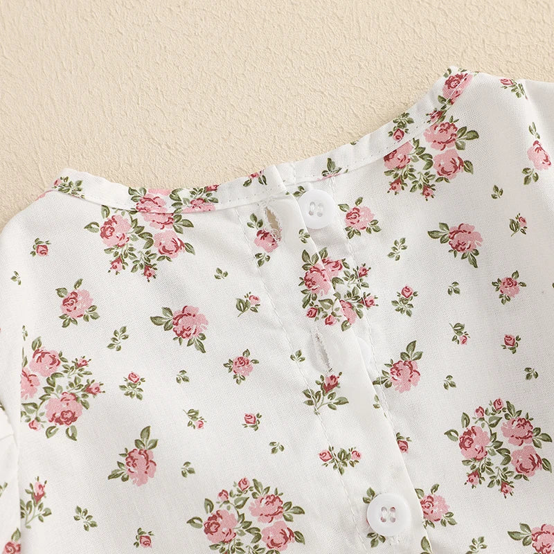 Lioraitiin Baby Girl Outfits Floral Pattern Smocked Crew Neck Short