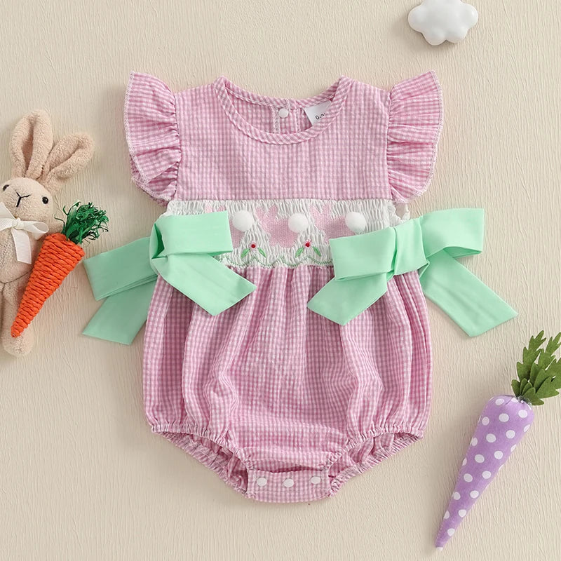 Lioraitiin Baby Girls Rompers Easter Rabbit Embroidery Plaid Fly