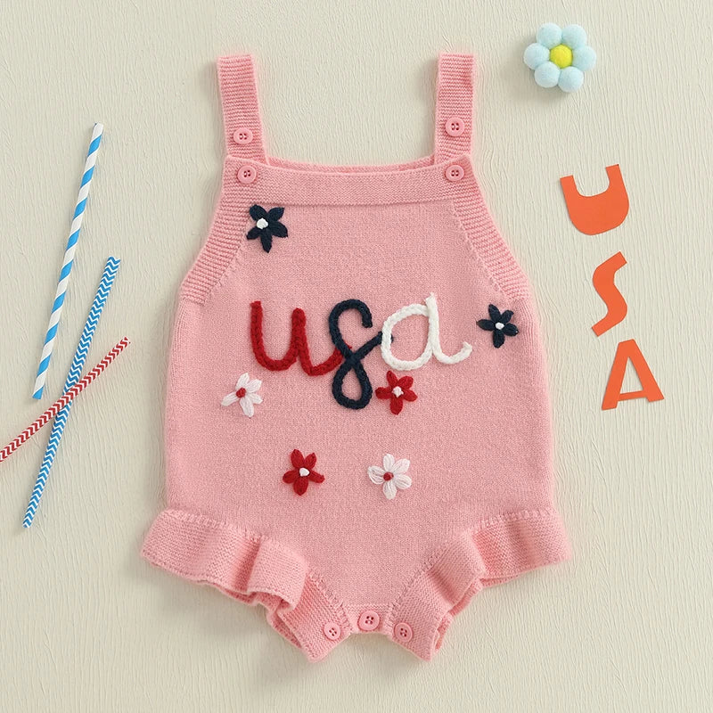 Lioraitiin Baby Girl Knit Overalls Floral Letter Embroidery
