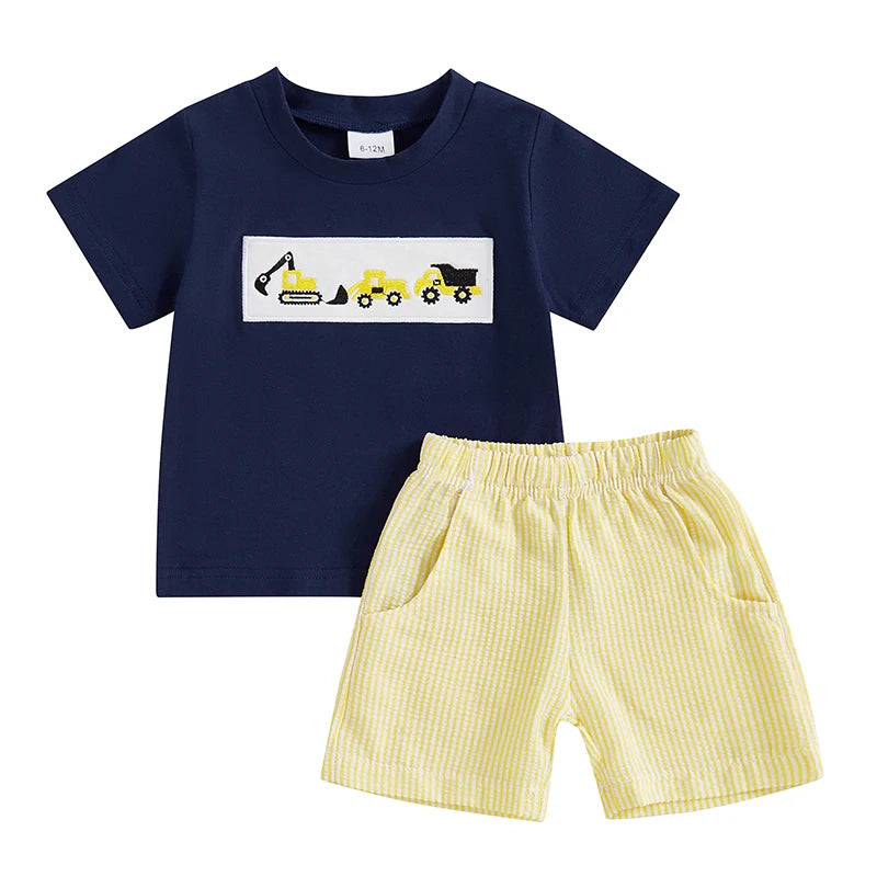 Lioraitiin Toddler Baby Boy Shorts Set Tractor Embroidery Short