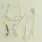 Lioraitiin Toddler Girl Outfits Solid Waffle Round Neck Ruffled Tank