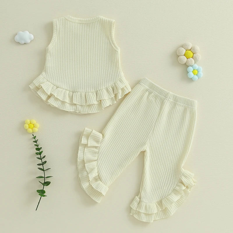 Lioraitiin Toddler Girl Outfits Solid Waffle Round Neck Ruffled Tank
