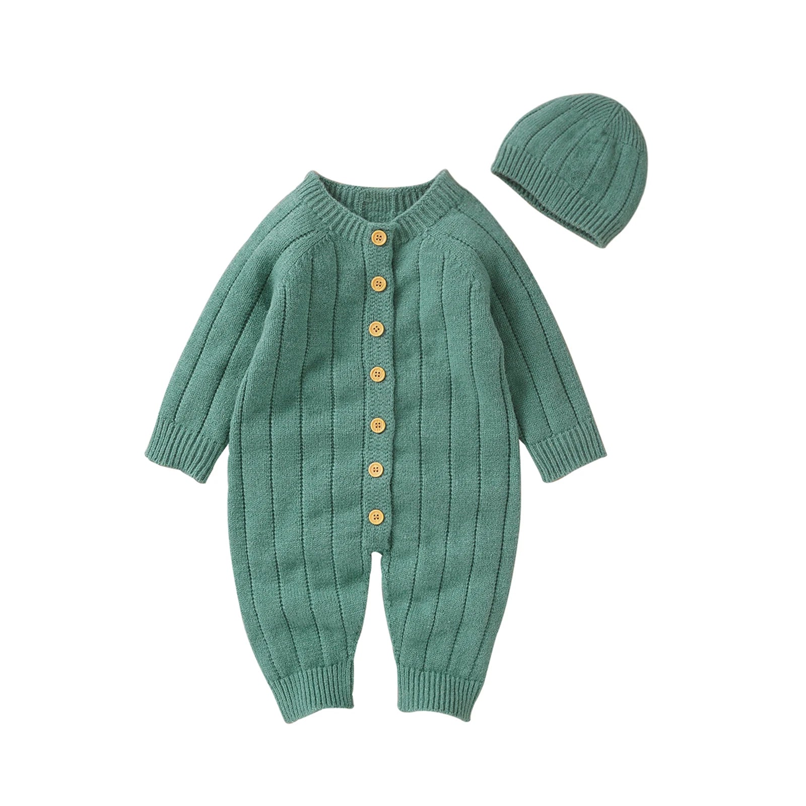 Lioraitiin Infant Jumpsuit and Cap, Solid Color Long Sleeve