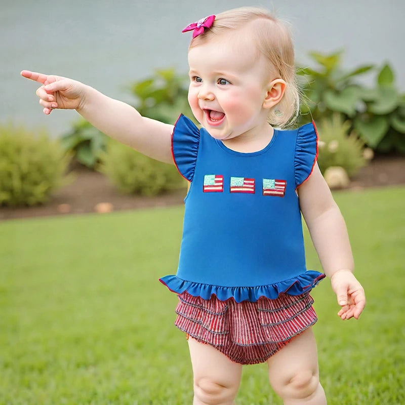Lioraitiin Baby Girls Independence Day Shorts Sets Short Sleeve Flag