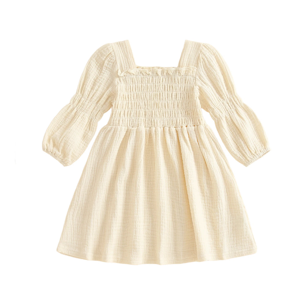 Lioraitiin Toddler Girl Bubble Sleeve Dress Stylish Solid Smocked