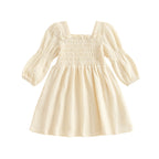 Lioraitiin Toddler Girl Bubble Sleeve Dress Stylish Solid Smocked