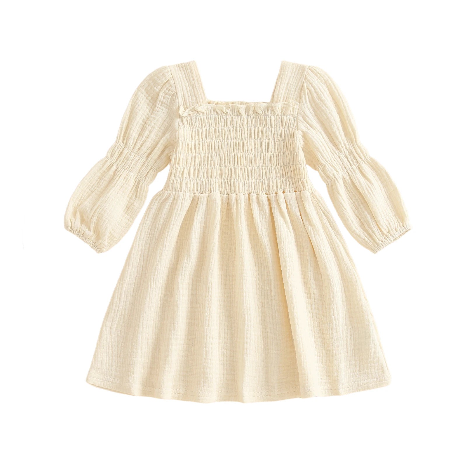 Lioraitiin Toddler Girl Bubble Sleeve Dress Stylish Solid Smocked