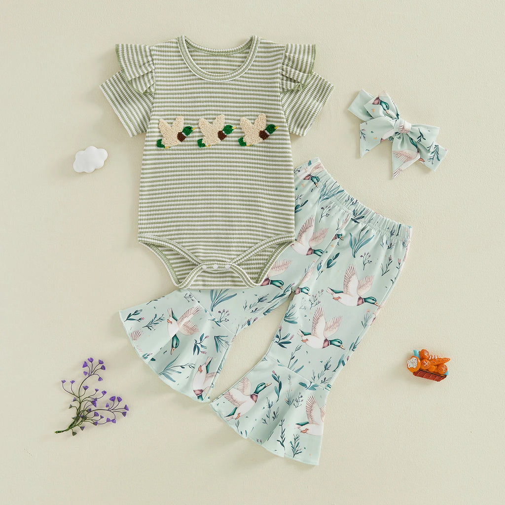 Lioraitiin Baby Girl Outfit Animal Embroidered Striped Crew Neck