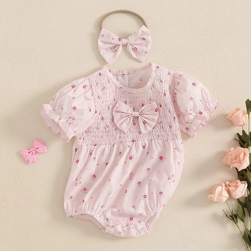 Lioraitiin Baby Girl Outfits Floral Pattern Smocked Crew Neck Short