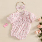 Lioraitiin Baby Girl Outfits Floral Pattern Smocked Crew Neck Short