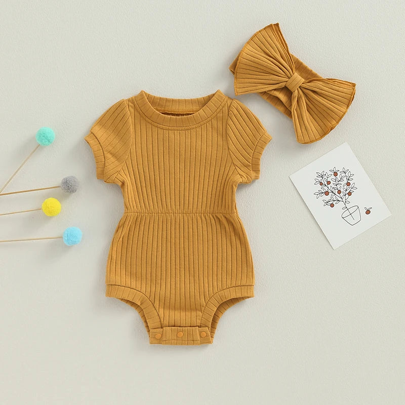 Lioraitiin Baby Girl Outfits Solid Color Short Sleeve Romper With Bow
