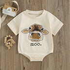 Lioraitiin Baby Romper, Short Sleeve Crew Neck Cow Head Print
