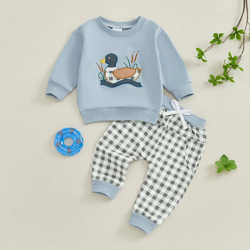 Lioraitiin Toddler Baby Boy Girl Duck Long Sleeve Sweatshirt Plaid