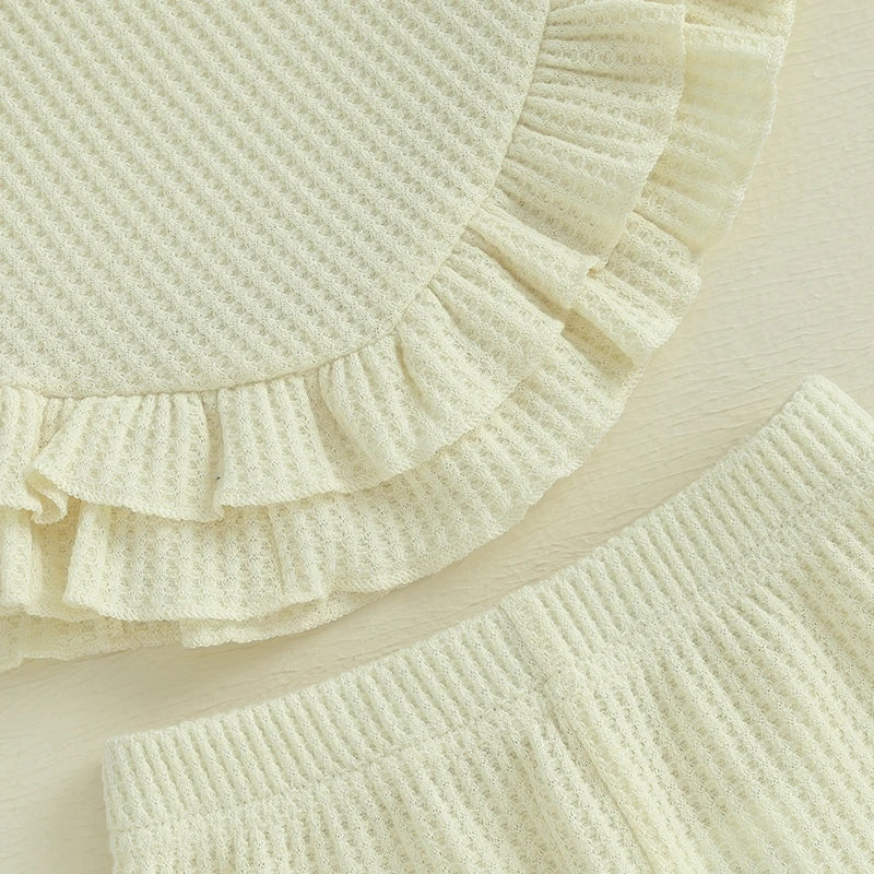 Lioraitiin Toddler Girl Outfits Solid Waffle Round Neck Ruffled Tank