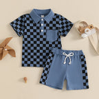 Lioraitiin Toddler Boys Shorts Sets Short Sleeve Lapel Checkerboard