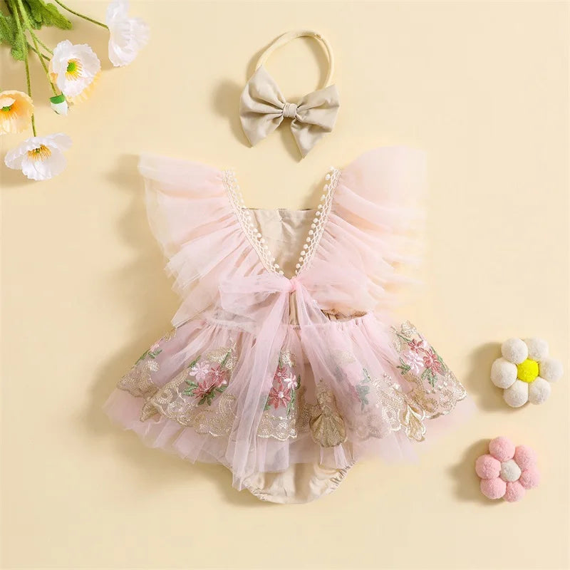 Lioraitiin 0-24M Newborn Girl Outfit Embroidery Flower Fly Sleeve